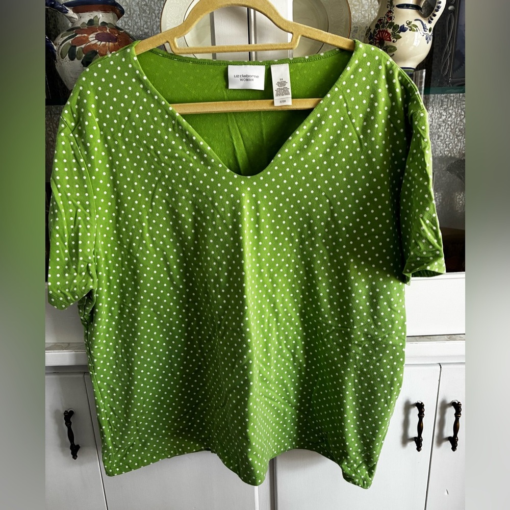 Liz Claiborne Green and White Knit Polka Dot Short Sleeve Top Plus Size 3X